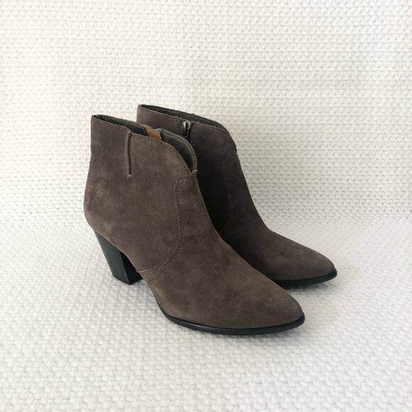 Frye JENNIFER Brown Grey Suede Pointed Stacked Heel Dress Ankle Boots 6 - Picture 2 of 12